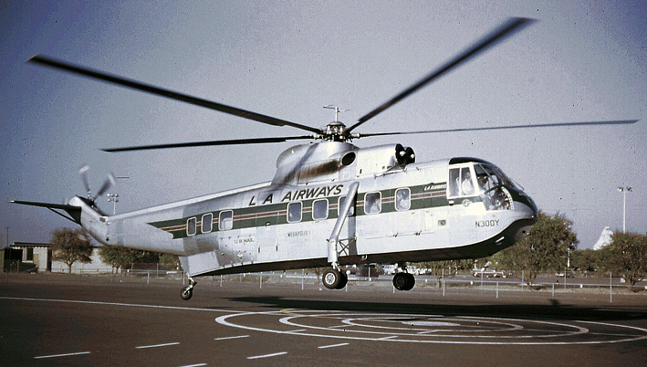 Los Angeles Airways’ Sikorsky S-61L N300Y at Disneyland Heliport, Anaheim, California. This is the sister ship of N303Y, and it would also be destroyed in a catastrophic accident, 14 August 1968. (Sikorsky Historical Archives)
