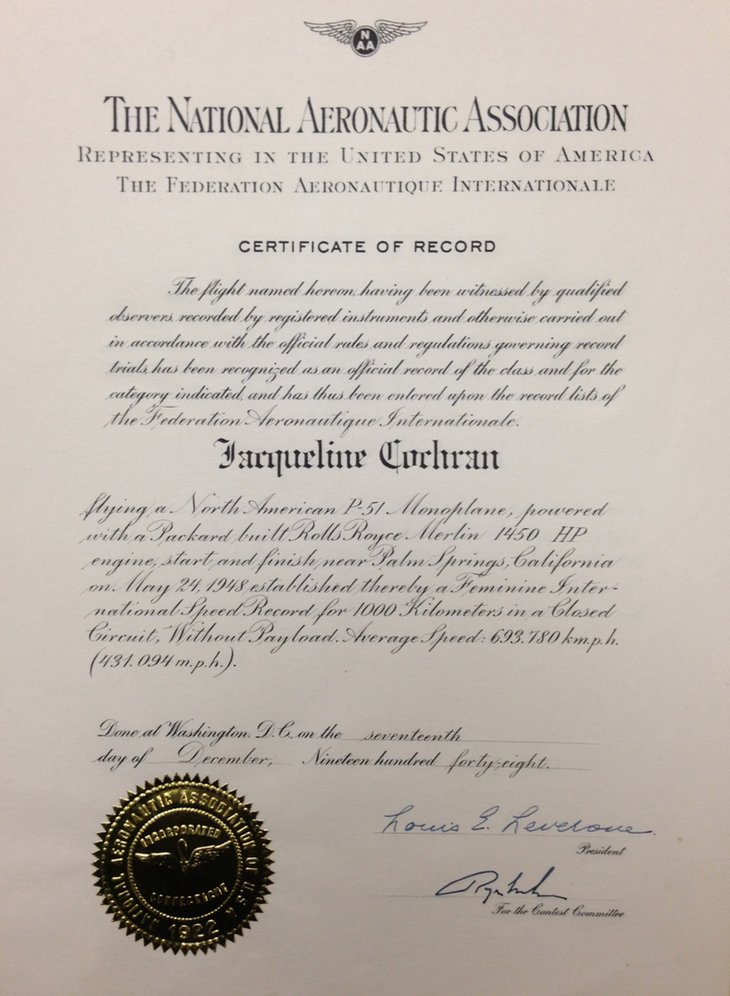 Jackie Cochran's National Aeronautic Association Certificate of Record at the San Diego Air and Space Museum Archives (© 2015, Bryan R. Swopes)