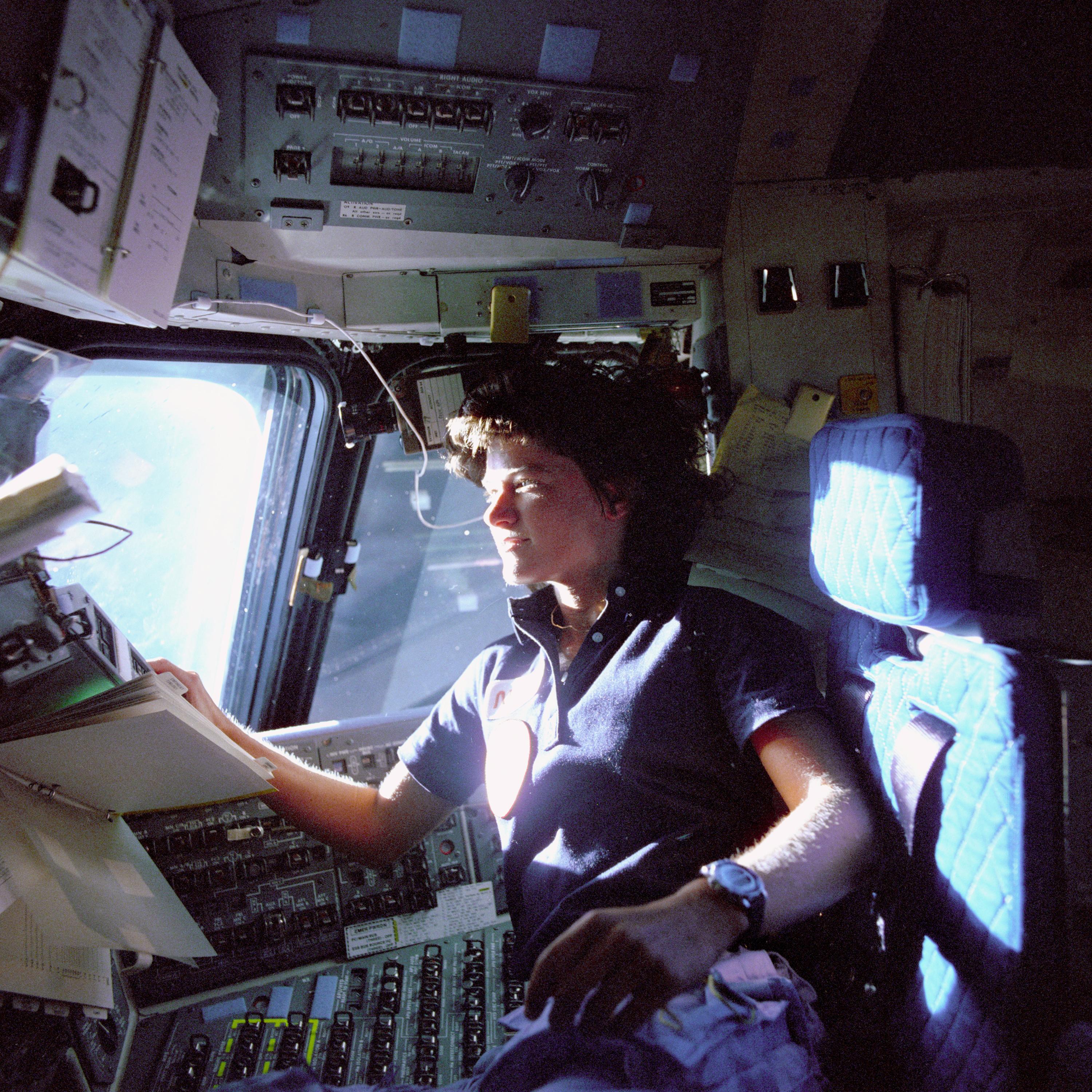 Sally Ride aboard Challenger, STS-7, June 1983. (NASA)