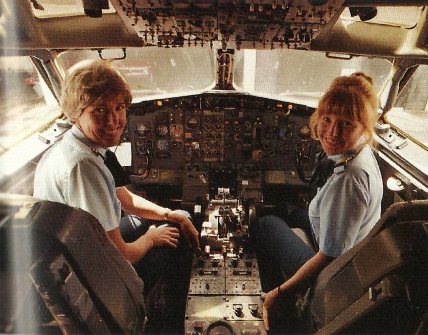 Captain Emily Warner and First Officer Barbara Cook in the cockpit of Frontier Airlines' Boeing 737, Flight 244, 16 June 1984. (Captain Frank Meyer. published in Frontier News, Summer 2012, #48) 