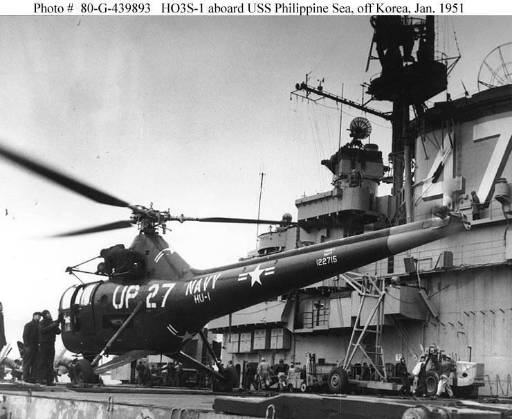 Lieutenant Koelsch's Sikorsky HO3-S-1 helicopter, Bu. No. 122715, aboard USS Phillipine Sea (CV-47). (U.S. Navy)
