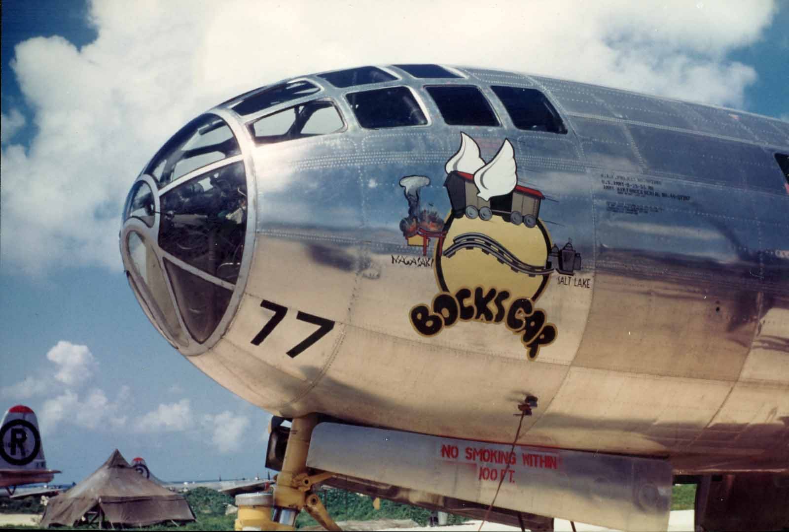 B-29 44-27297 on Tinian Island, August 1945. The nose art was applied to the airplane after the August 9, 1945 bombing mission. (U.S. Air Force)
