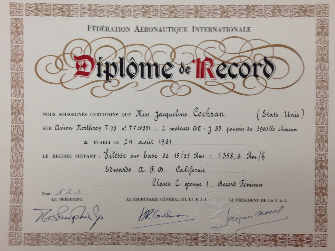 Jackie Cochran's FAI record certificate in the San Diego Air and Space Museum Archives. (Bryan R. Swopes)