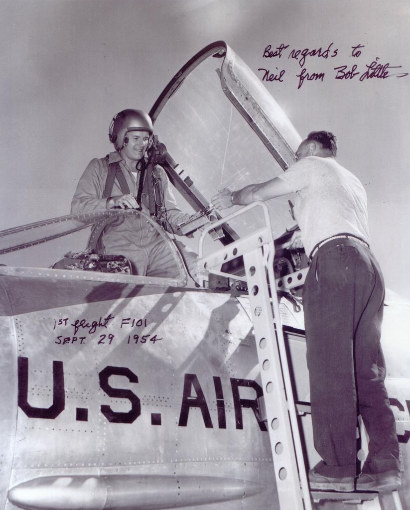 This is an autographed photo of test pilot Robert C. Little standing in the cockpit of the McDonnell F-101A Voodoo, 53-2418, after its first flight, 29 September 1954. (Photograph courtesy of Neil Corbett, Test and Research Pilots, Flight Test Engineers.) 