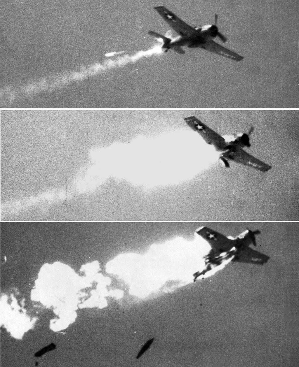 This sequence shows the effects of a hit on an F6F-5K drone by an experimental XAAM-N-7 Sidewinder missile. (U.S. Navy)