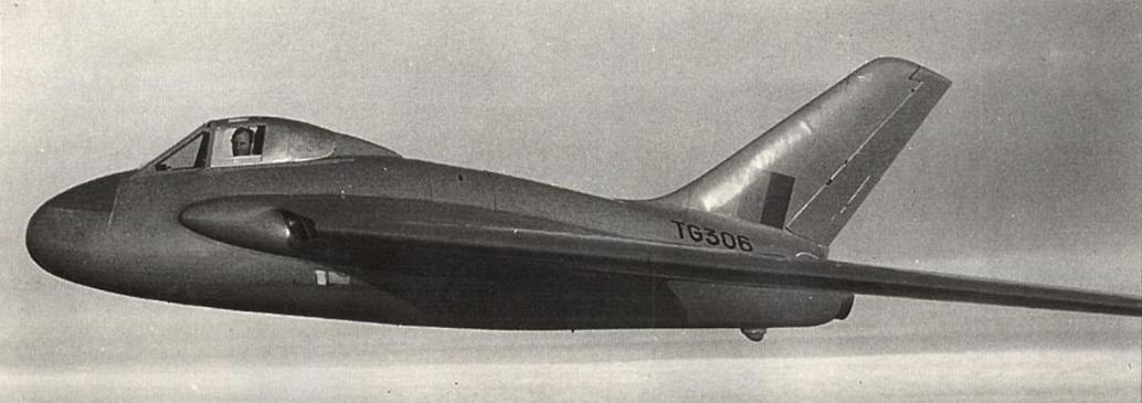 Geoffrey de Havilland, Jr., in the cockpit of the second DH.108 Swallow prototype, TG/306. (Flight)