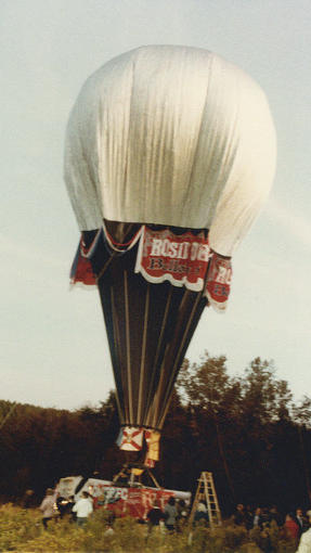 Yost Mfg. Co. GB55 helium balloon, N53NY, being prepared at Caribou, Maine, 14 September 1984 (Orlando Sentinel)