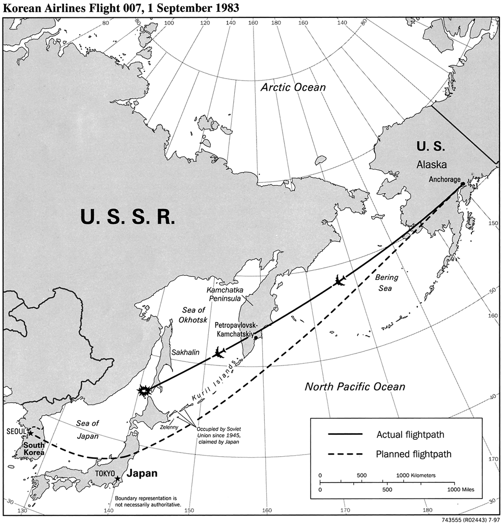 The intended and actual track of KAL Flight 700.