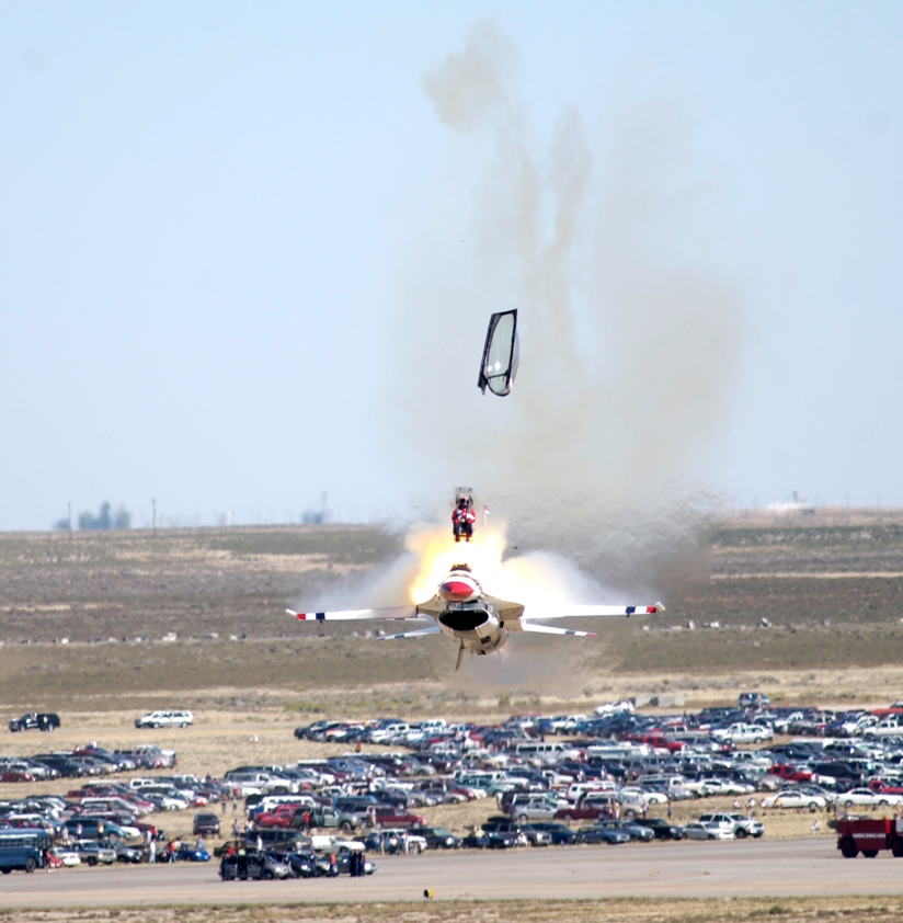 Captain Chris Stricklin ejects from his F-16C approximately 140 feet above the ground at Mountain Home AFB, 14 September 2003. (SSgt Bennie J. Davis III, U.S. Air Force)