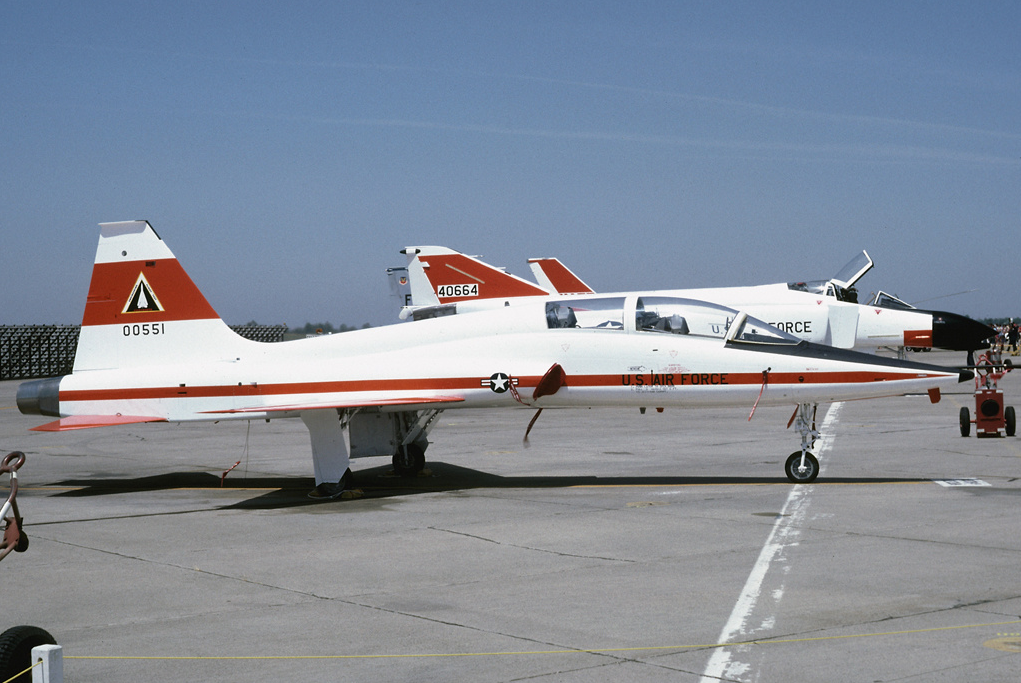 Northrop T-38A Talon 60-0551, now twenty-one years old, sits on the ramp at the Sacramento Air Logistics Center, McClellan Air Force Base, Sacramento, California, 1981. (Photograph by Gary Chambers, used with permission)