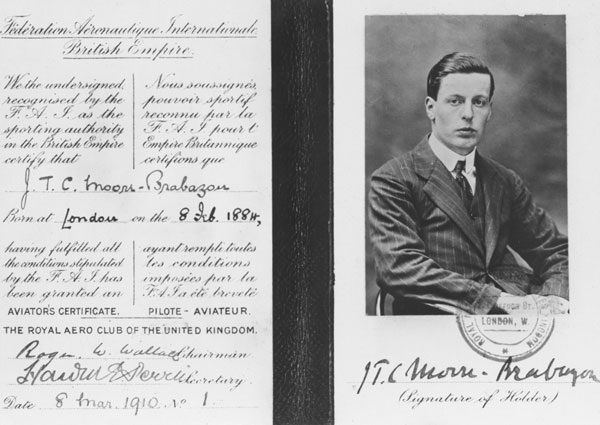 J.T.C. Moore-Brabazon's pilot license, RAeC Certifcate No. 1. (RAF Museum)