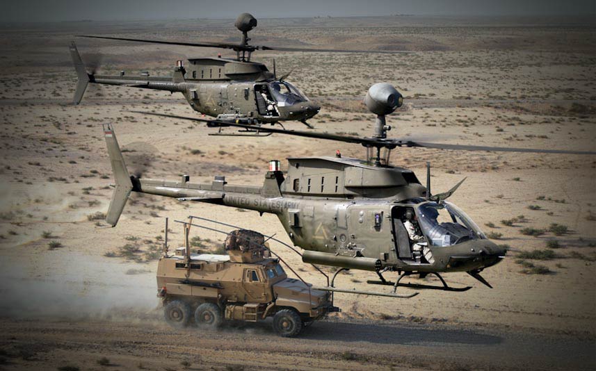 A flight of two U.S. Army OH-58D Kiowa Warrior scout helicopters. (Bell Helicopter)