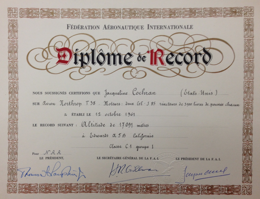Jacqueline Cochran’s Diplôme de Record in the San Diego Air and Space Museum Archives. (Bryan R. Swopes)