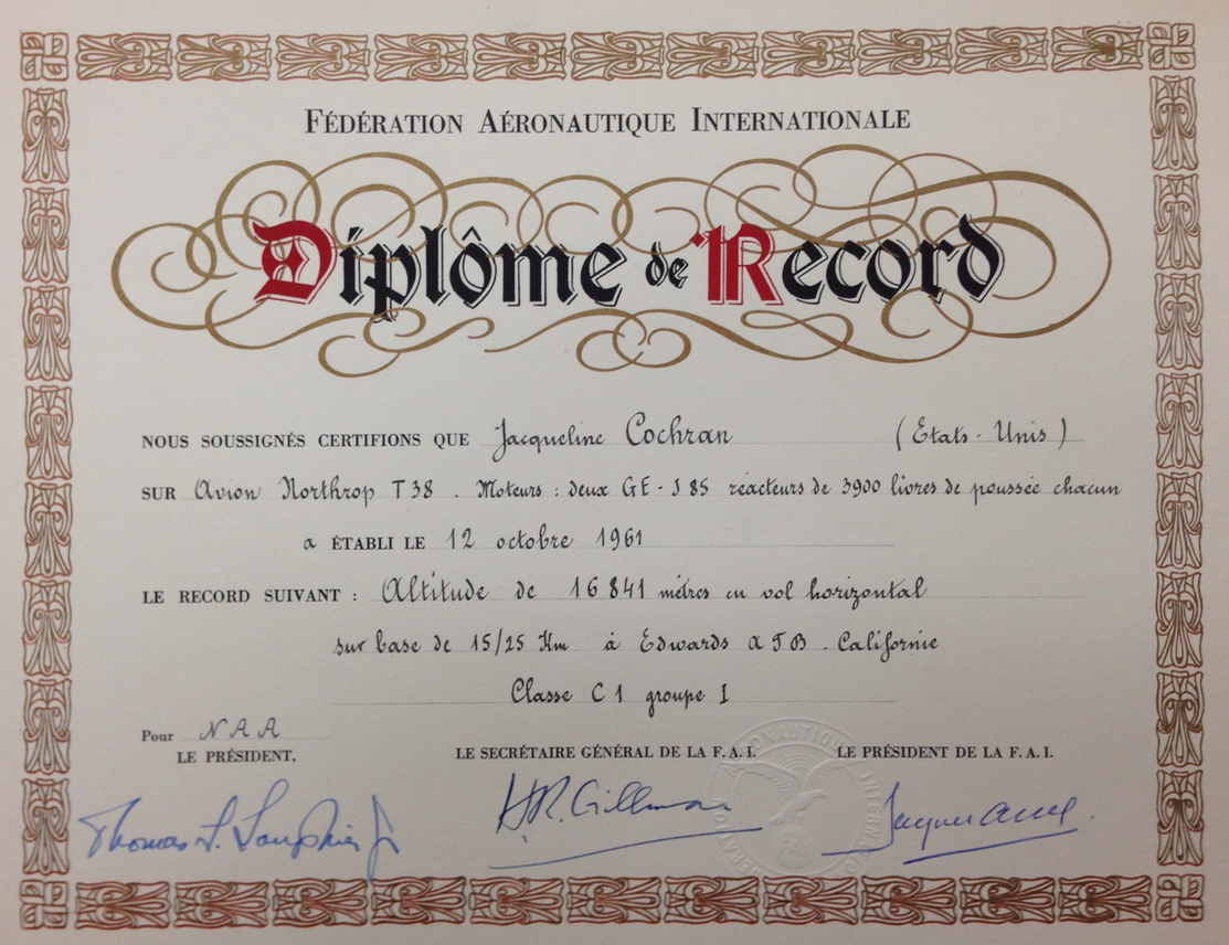 Jacqueline Cochran’s Diplôme de Record in the San Diego Air and Space Museum Archives. (Bryan R. Swopes)