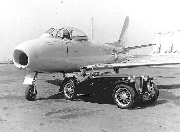 George S. Welch with his MG sports car and the North American XP-86. (Unattributed)