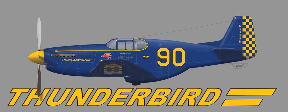 Left profile drawing of Thunderbird, Jackie Cochran’s unlimited class North American Aviation P-51C Mustang, N5528N. (Image courtesy of Tim Bradley, © 2014)