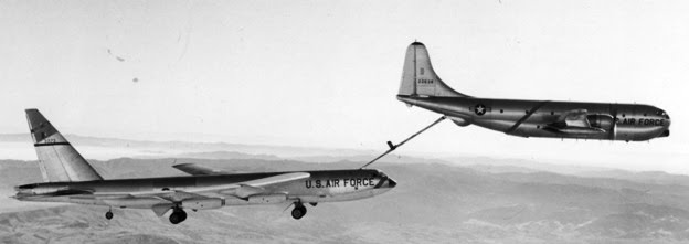 A Boeing B-52 Stratofortress refuels in flight from a Boeing KC-97 Stratotanker. The KC-97 had to enter a shallow dive to increase its speed, while teh B-52 flew in landing configuration to fly slow enough to stay with the tanker. (U.S. Air Force)