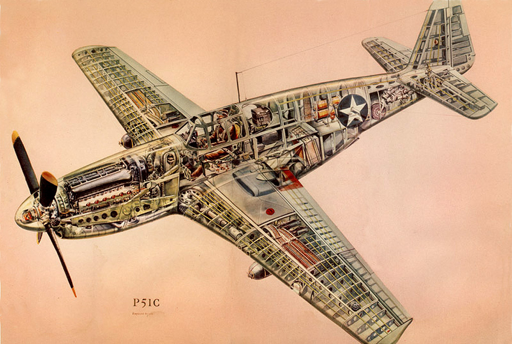 Cutaway illustration shows the internal arrangement of the P-51B/C Mustang.
