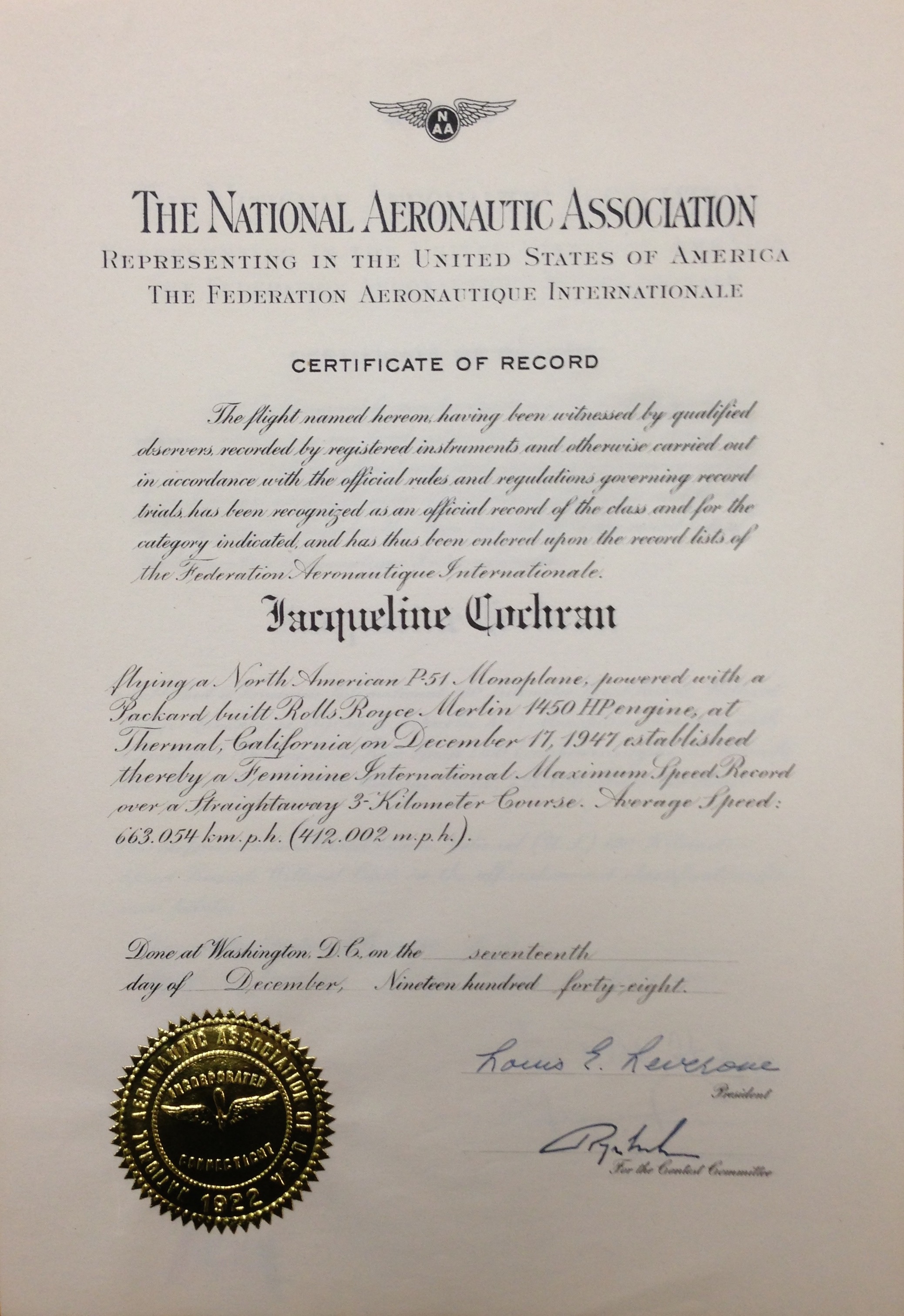 National Aeronautic association Certificate of Record in the San Diego Air and Space Museum Archive. (Bryan R. Swopes)