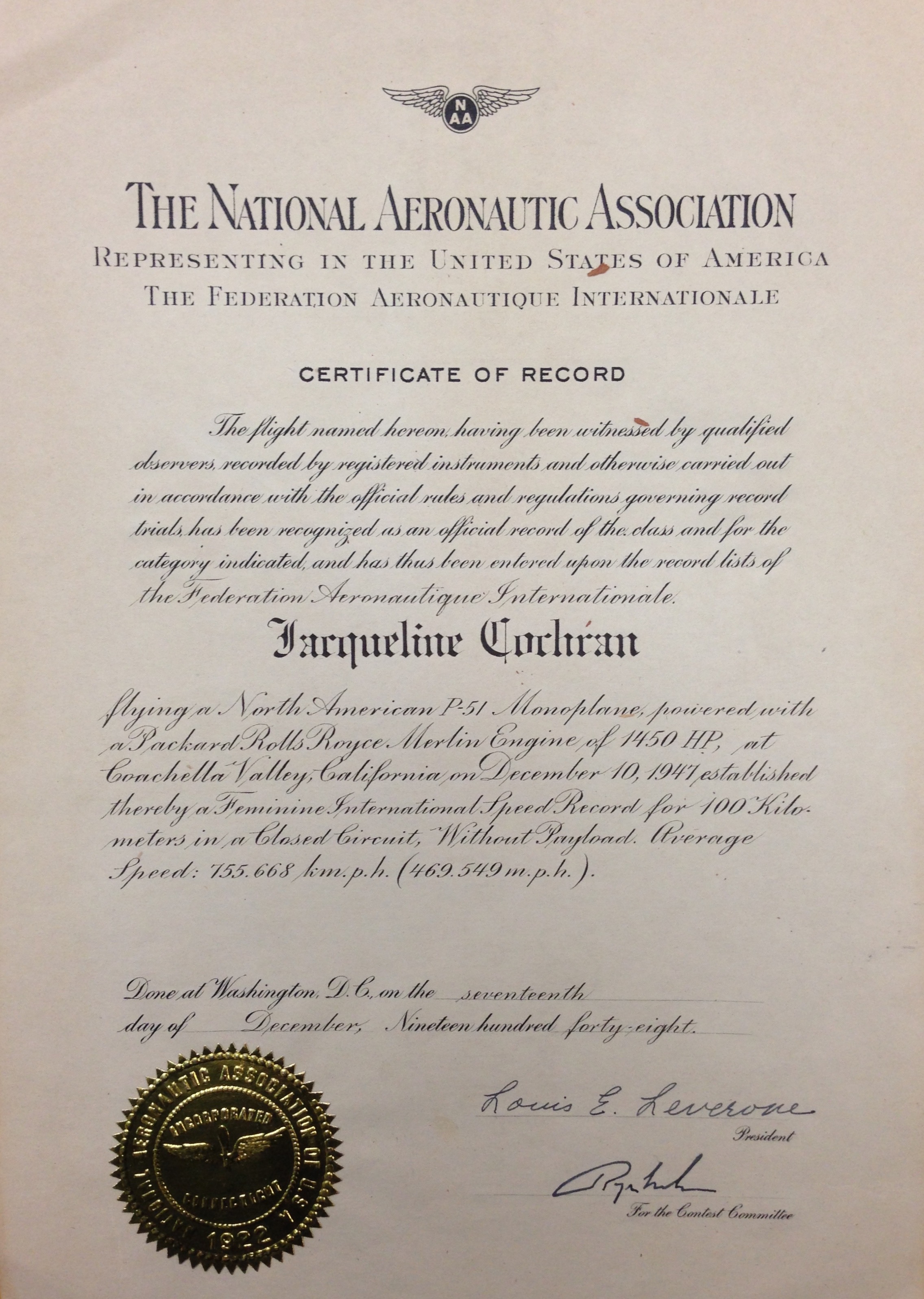 Jackie Cochran's National Aeronautic Association Certificate of Record in the San Diego Air and Space Museum Archives. (© 2015, Bryan R. Swopes)