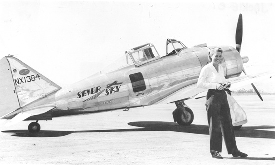 Jackie Cochran with her Seversky AP-7A, NX1384, prior to her speed record flight, 6 April 1940. )San Diego Air and Space Museum Archive) 
