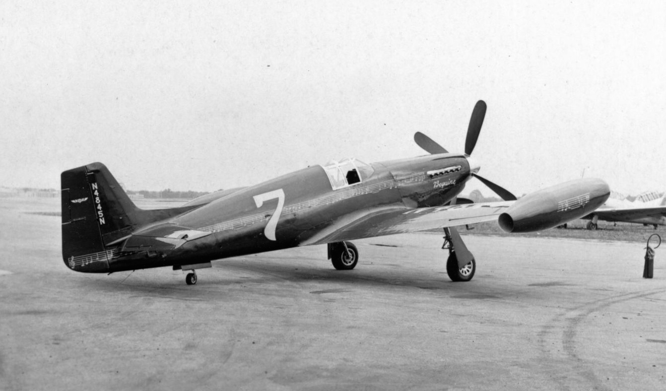 Right rear quarter view of the modified Mustang air racer, Beguine. (Unattributed)