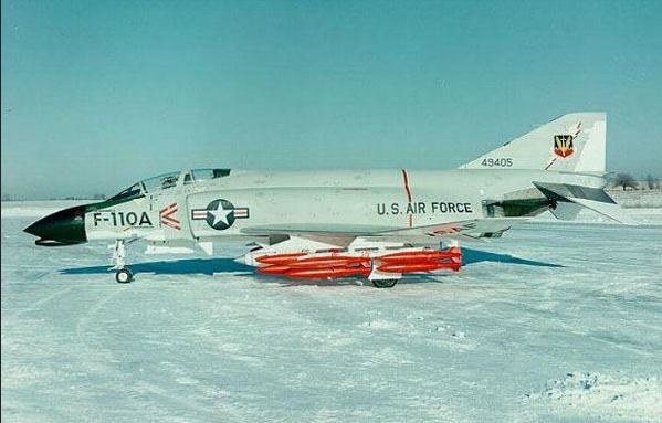 U.S. Air Force F-110A Spectre with bomb load.
