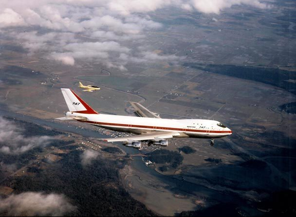 Boeing 747-121 RA001, City of Everett, 9 February 1969. A Canadair CL-13B Sabre Mk.6, N8686F, is the chase plane, flown by test pilot Paul Bennett. (Boeing)