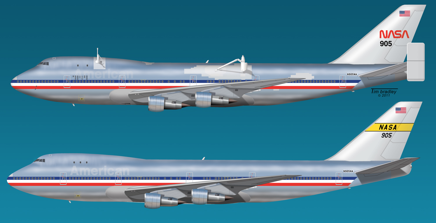 This image shows NASA 905 as configured for wake vortex studies and as a Shuttle Carrier Aircraft. Artwork courtesy of Tim Bradley Imaging.