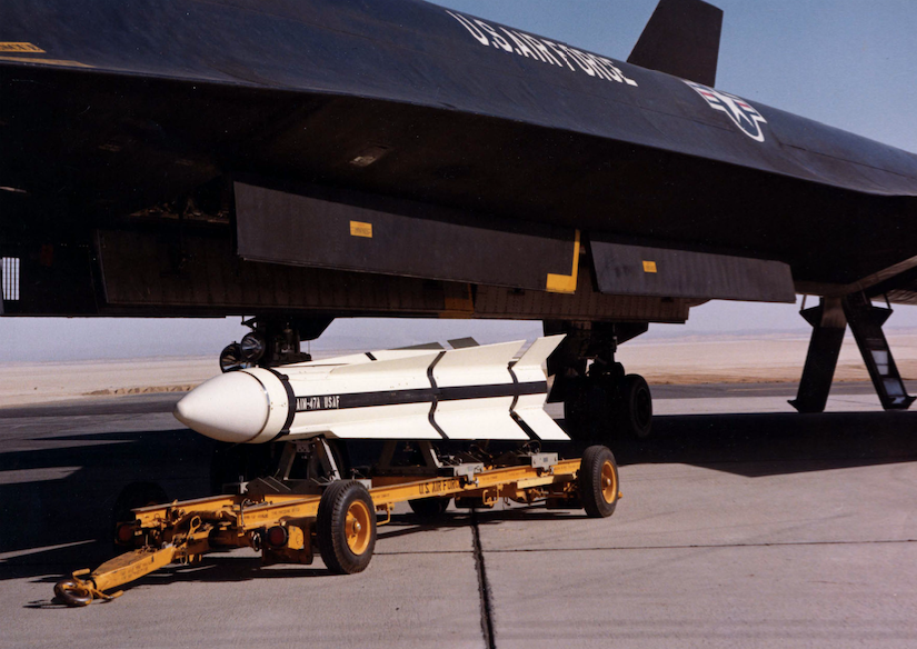 AIM-47A missile ready for loading into the weapons bay of a Lockheed YF-12A. (U.S. Air Force)