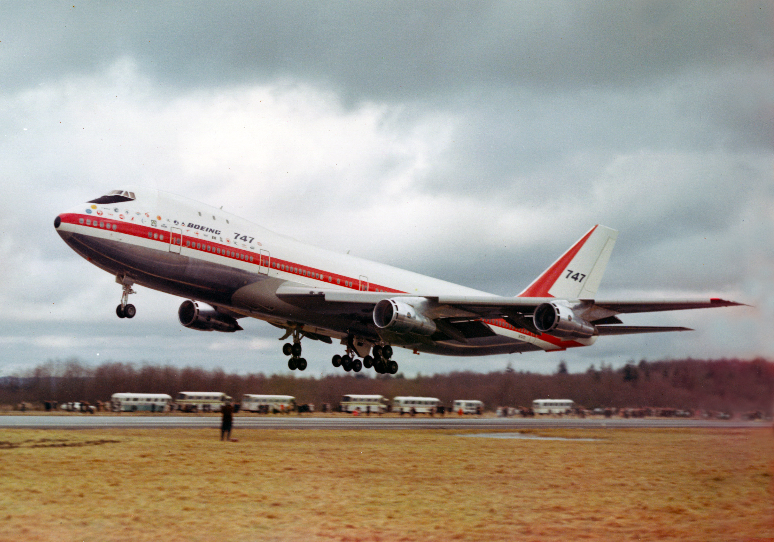 The prototype Boeing 747, N7470, City of Everett, takes off at Paine Field, 9 February 1969. (Boeing/The Museum of Flight)