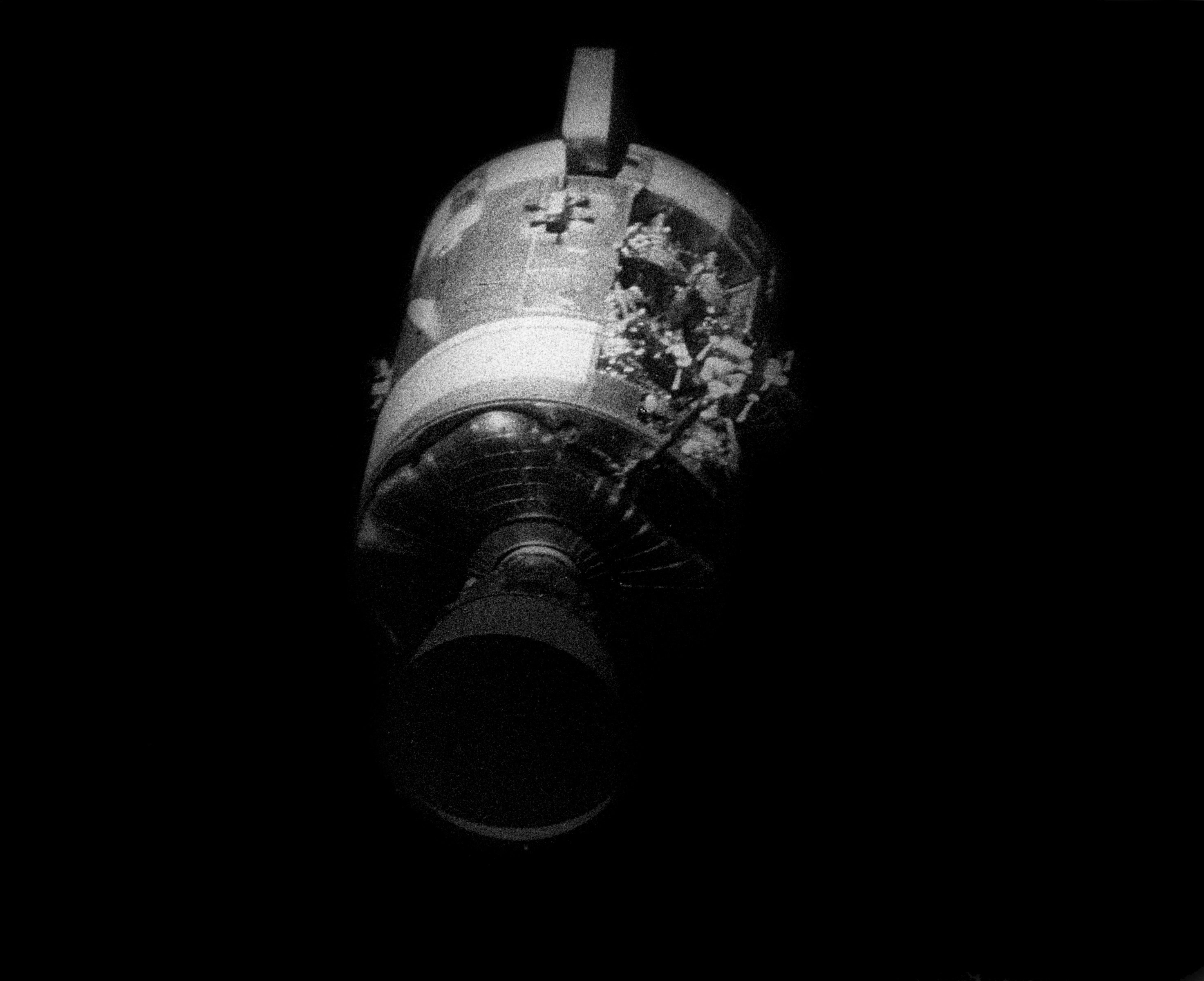 Damage to Apollo 13's Service Module, photographed just after separation. (NASA) 
