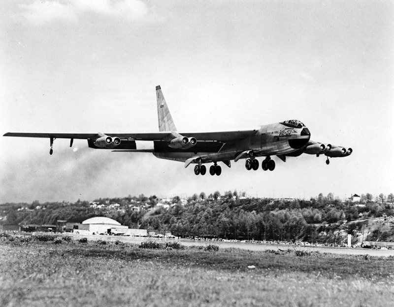 The Boeing YB-52 Stratofortress, 49-231, takes off from Boeing Field at 11:09 a.m., 15 April 1952. (Robert F. Dorr Collection)