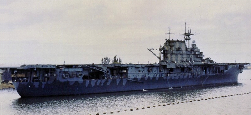 USS Hornet (CV-8) at Peral Harbor, Hawaii, following the Halsey-Doolittle Raid, 1942. The ships is painted in Measure 12 (Modified) camouflage, with Sea Blue 5-s, Ocean Gray 5-O and Haze Gray 5-H coloration.