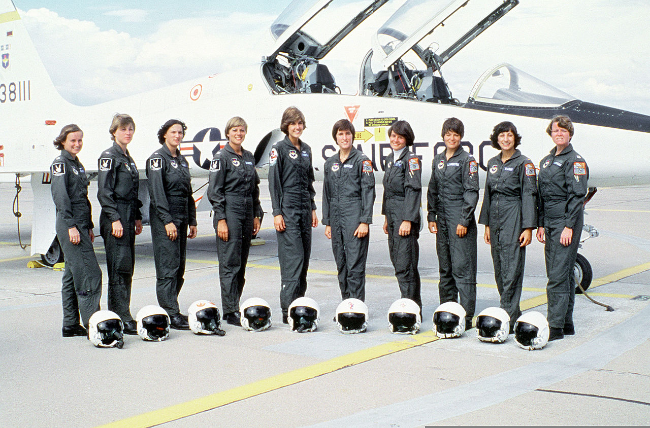 The first 10 female officers to graduate from the Air Force Undergraduate Pilot Training Program, Class 77-08, with a Northrop T-38A Talon, 2 September 1977. (U.S. Air Force)