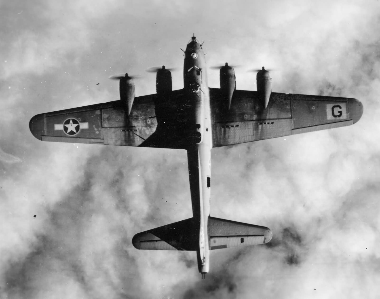 Most of the .50-caliber machine guns arming the B-17F Flying Fortress are visible in this photograph. (U.S. Air Force)