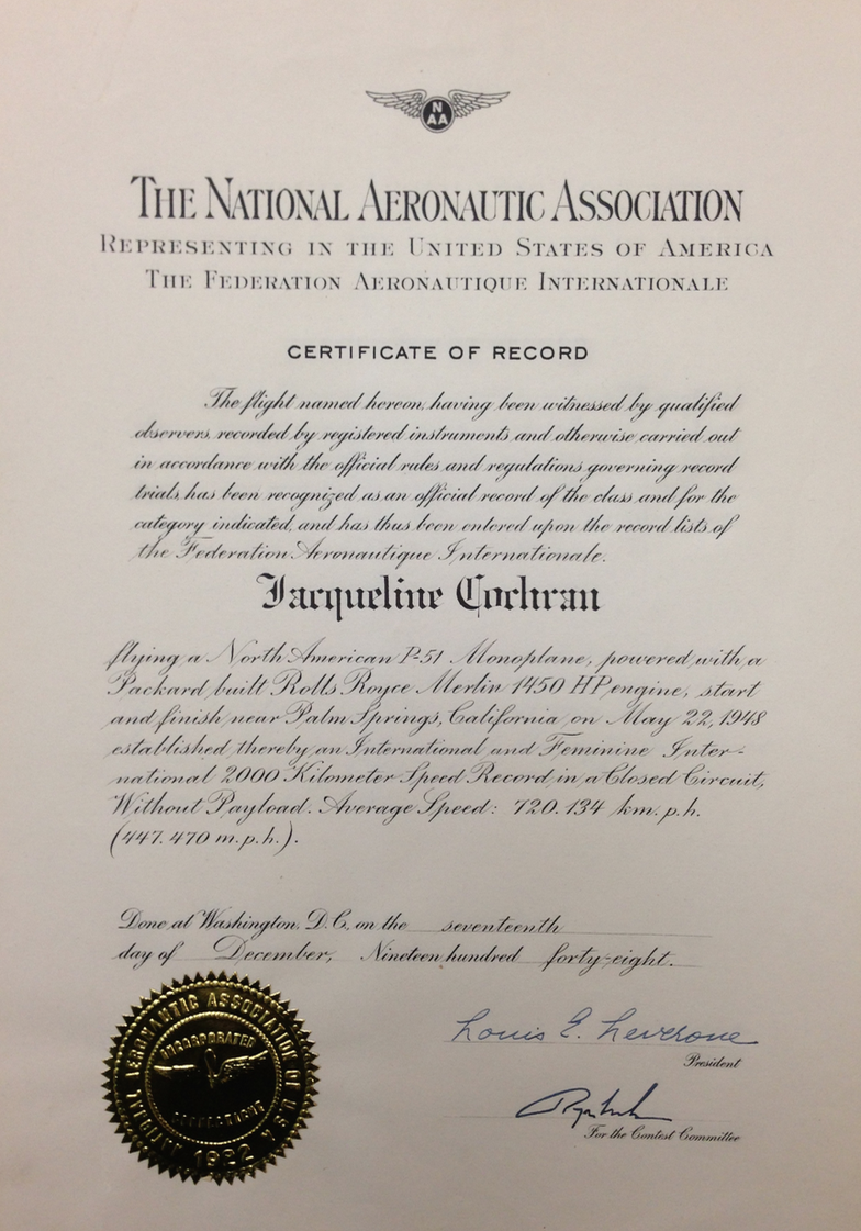Jacki Cochran's National Aeronautic Association record in the San Diego Air and Space Museum Archives. (Bryan R. Swopes)