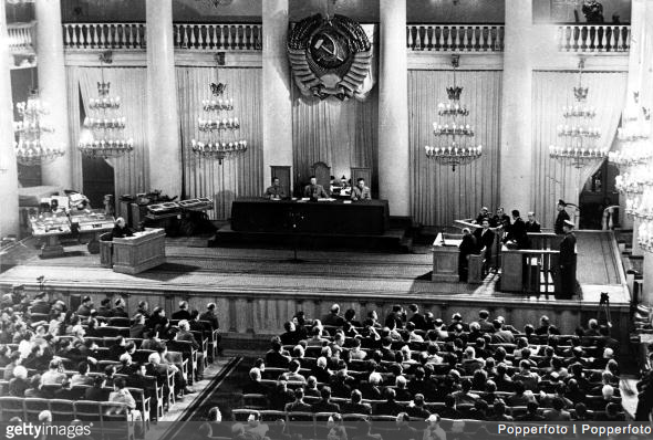 The trial of Francis Gary Powers, August 1960. Mr. Powers is standing in the prisoner's dock at the right side of the image. (Getty Images/Popperfoto)