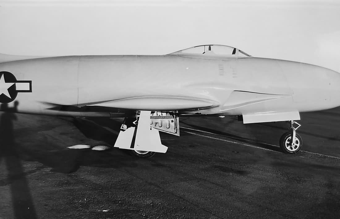 This photograph of XP-80R shows the cut-down windscreen an canopy, recontoured leading edges and the NACA-designed engine intakes. (U.S. Air Force)