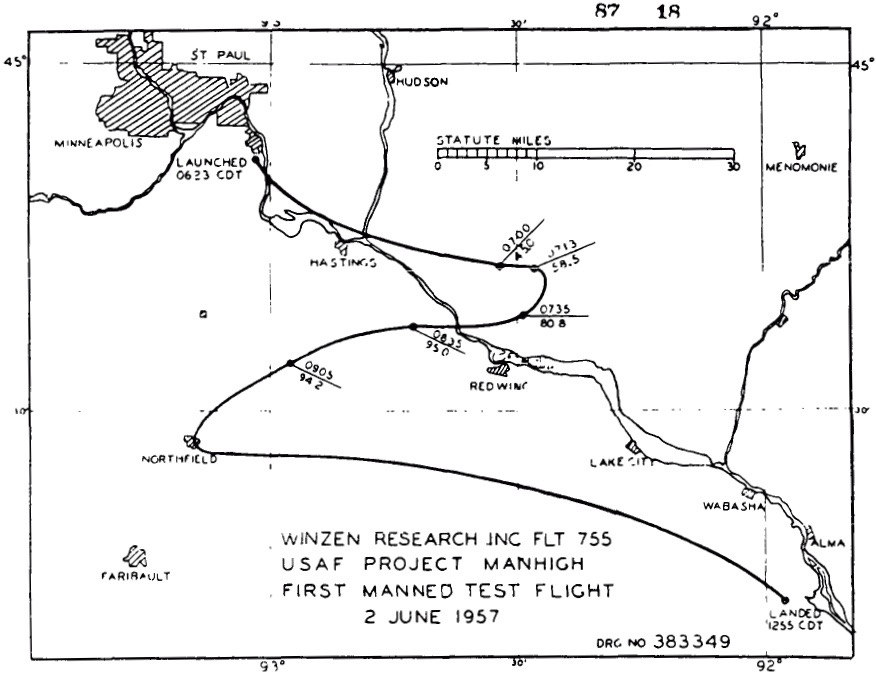 Ground track of Project MAN-HIGH I balloon, 2 June 1957.