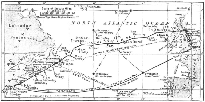 This chart of R34's flight was published in the Times, 7 July 1919.