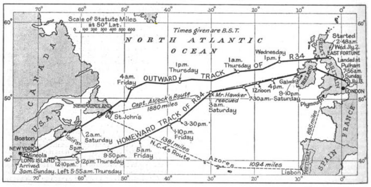 This map shows the outbound and return tracks of His Majesty's Airship R 34, 2–13 July 1919.