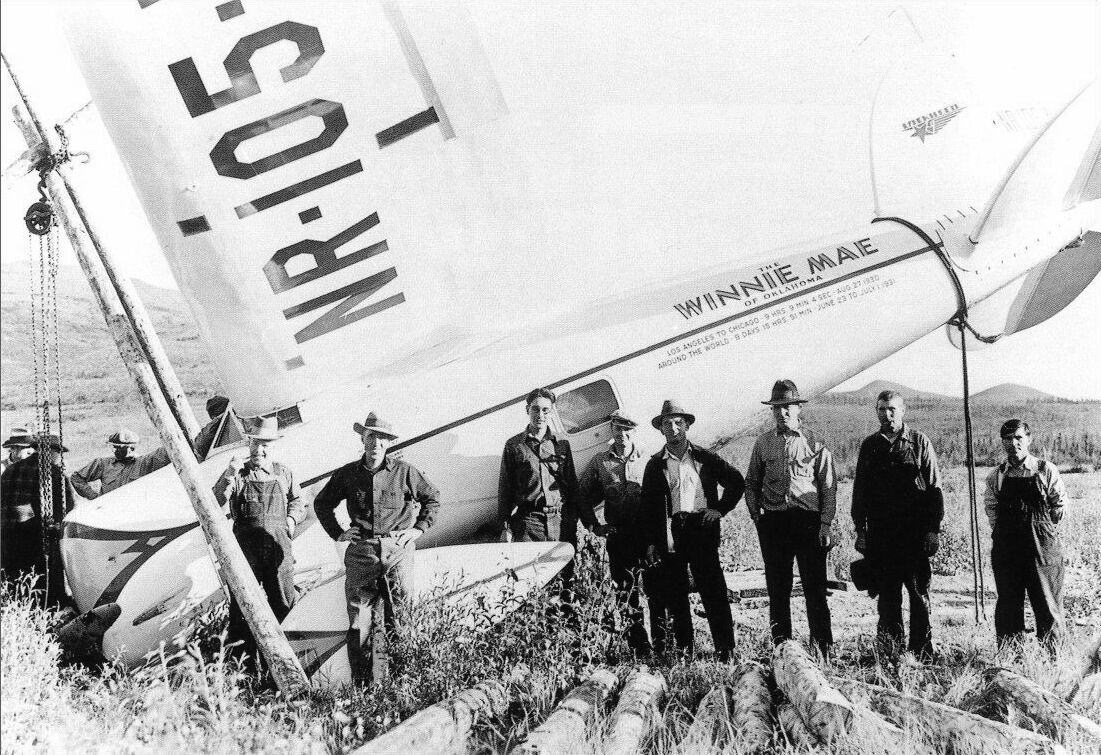 Wiley Post's Lockheed Model 5C Vega, NR105W, Winnie Mae, after a landing accident at Flat, Alaska. (Unattributed)