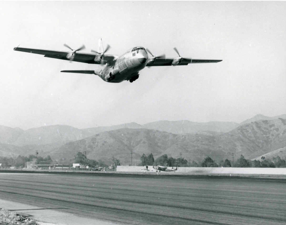 The first prototype Lockheed YC-130 Hercules takes of fromm the Lockheed Air terminal, Burbank, California, 23 August 1954. (Lockheed Martin)