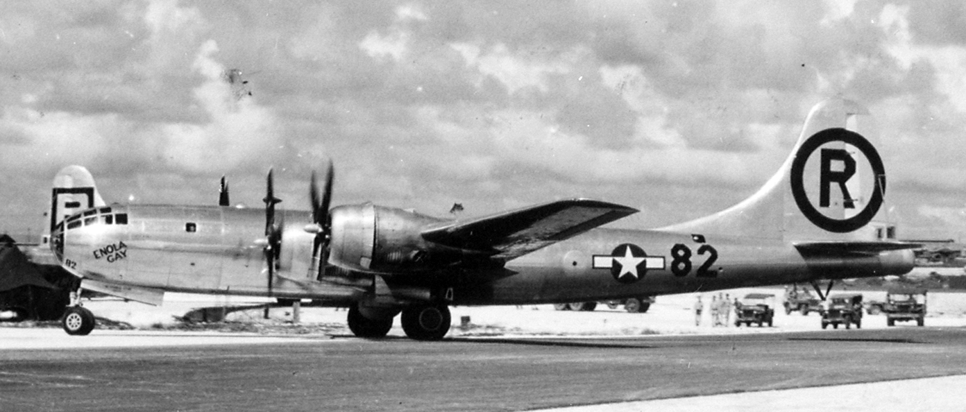 Martin-Omaha Silverplate B-29 Superfortress 44 86292, Enola Gay, taxis to its hardstand after returning to Tinian, 6 August 1945. (U.S. Air Force)