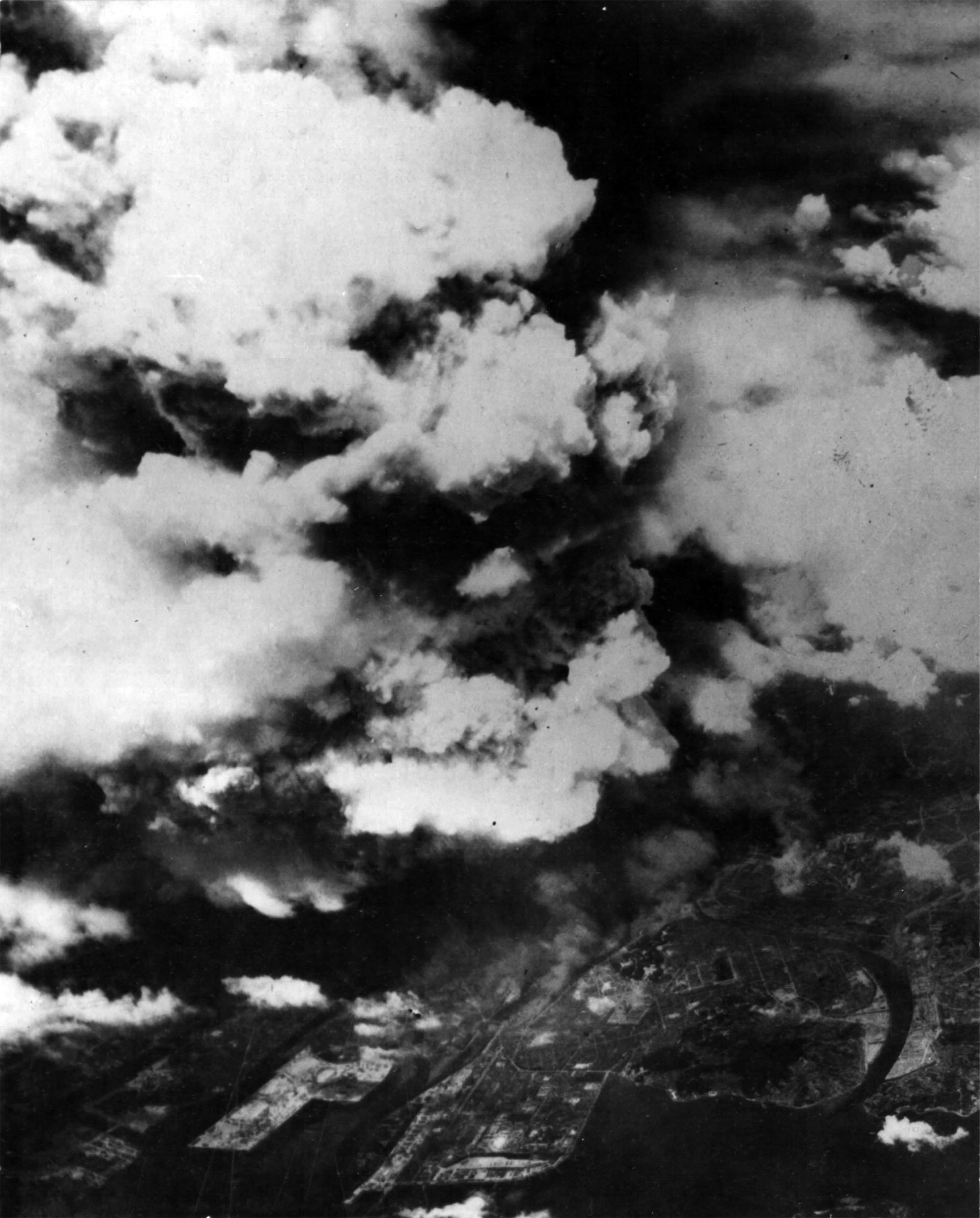 Hiroshima photoggraphed by a reconnaissance airplane several hours after the explosion. (U.S. Air Force)