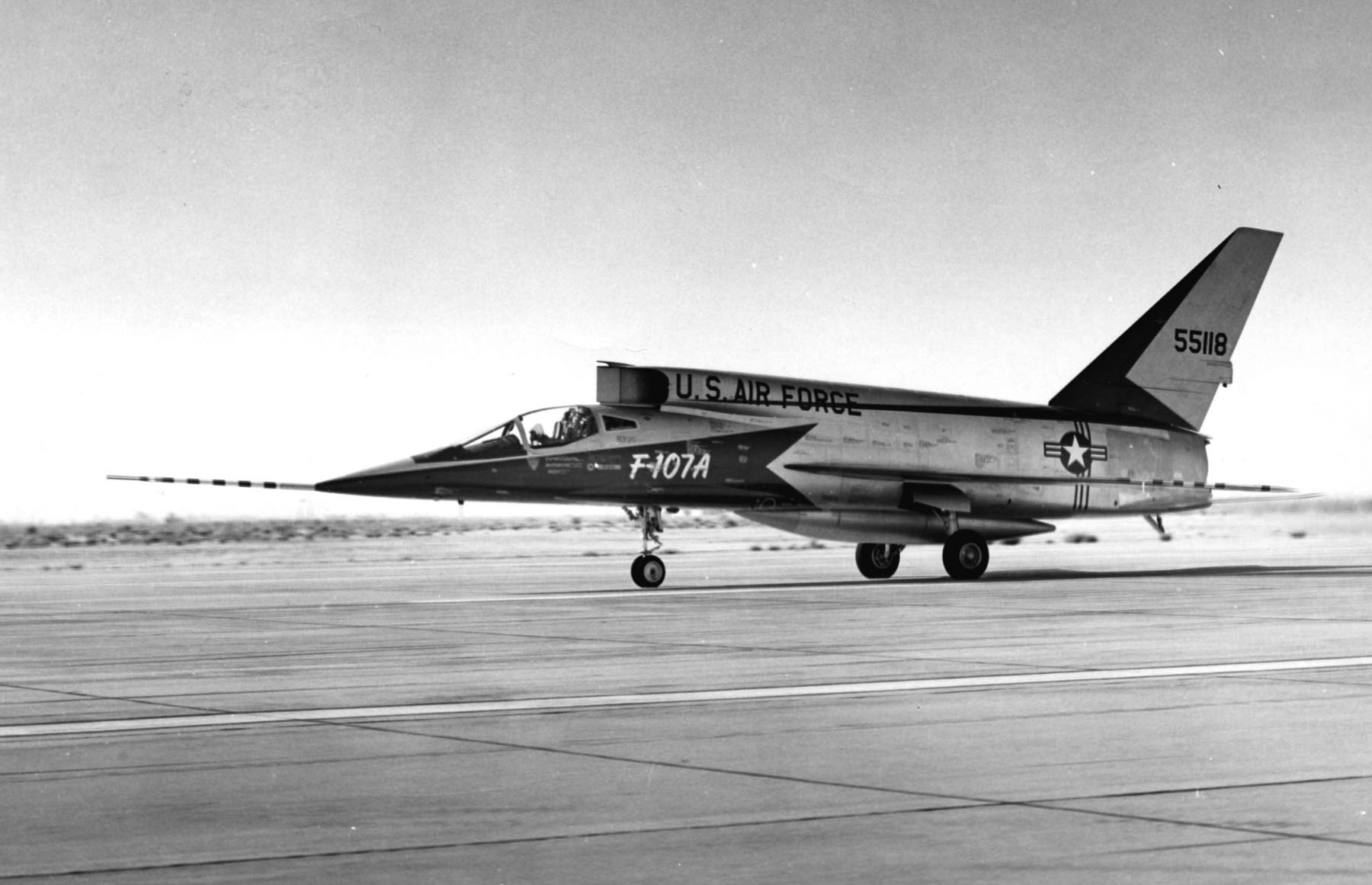 North American Aviation North American Aviation F-107A S/N 55-5118 rolling out at Edwards Air Force base. (U.S. Air Force)
