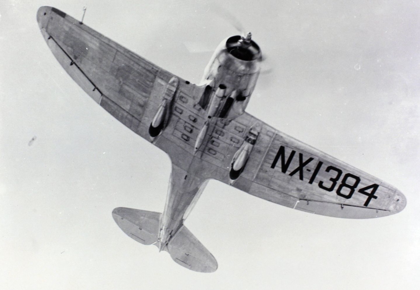 Sversky AP-7 NX1384, seen from below. In this configuration, the landing gear folds rearward.