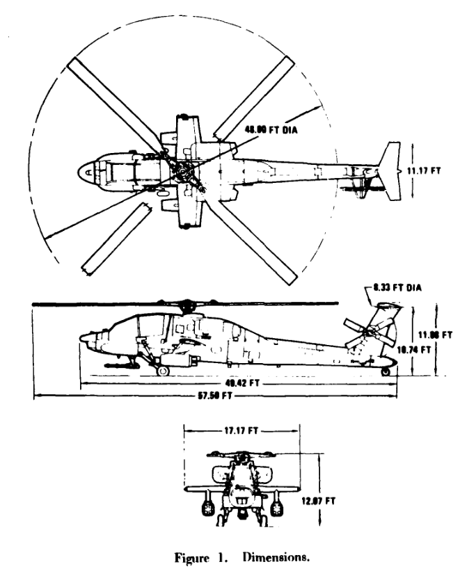 Dimensions diagram for Hughes YAH-64 Advanced Attack Helicopter prototype. (U.S. Army Aviation Engineering Flight Activity)