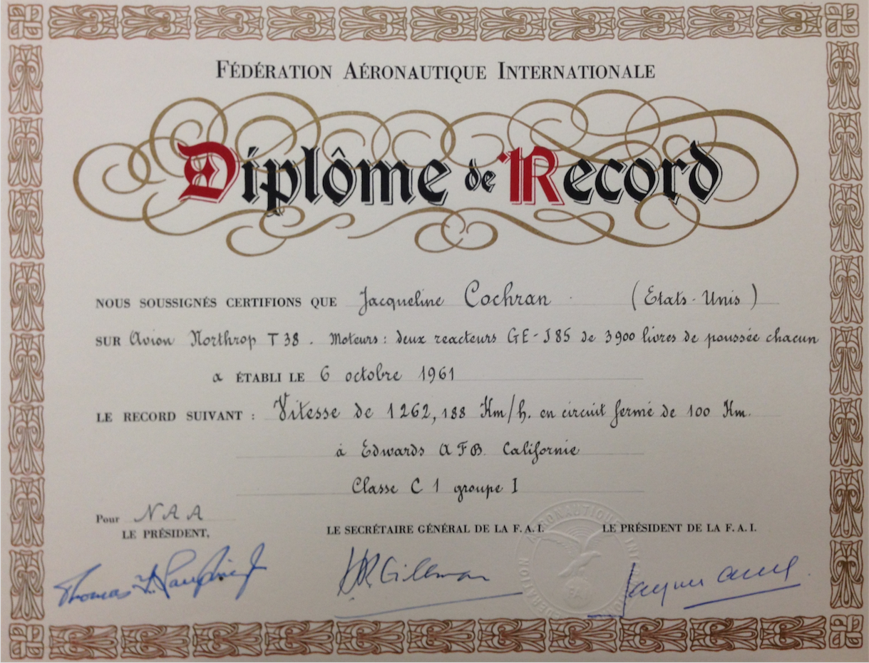 Jacqueline Cochran’s Diplôme de Record in the San Diego Air and Space Museum Archives. (Bryan R. Swopes)